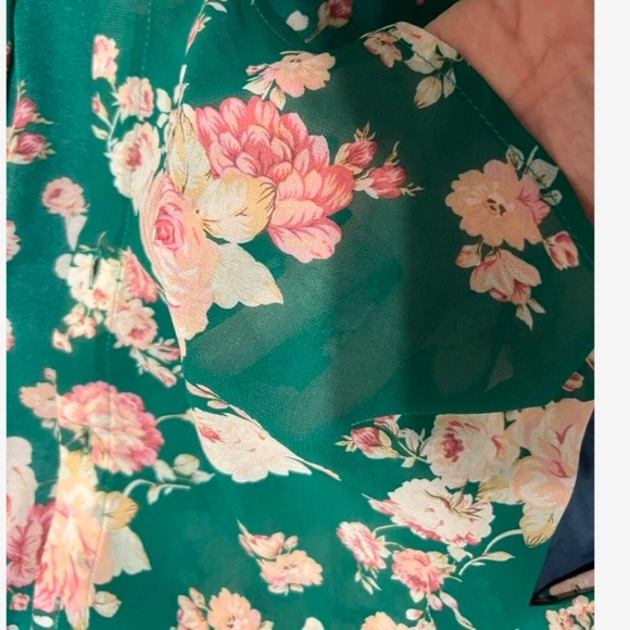 Green Button Down Shirt Long Sleeve Rose Floral Print Pink - Picture 11 of 11